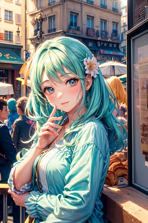 (Uma girl, estilo anime:1.1), (street cafe in Paris:1.2), (saboreando um croissant:1.1), (under the morning sun:1.1), (Estilo de arte colorido), (cores vibrantes), (design detalhado de personagens), (street surrounded by charming buildings), (pessoas que p...