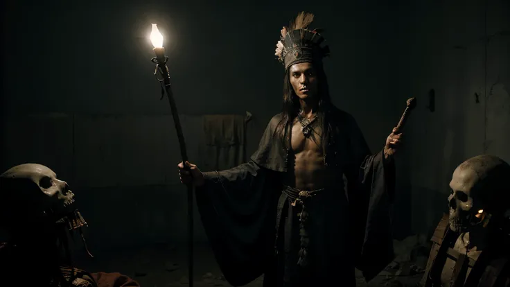 Create a dark and eerie image of a shaman standing in a hospital morgue. The shaman is wearing a traditional ceremonial robe and headdress. He is holding a staff in his hand, which is topped with a skull. The skull is glowing with a strange light. The sham...