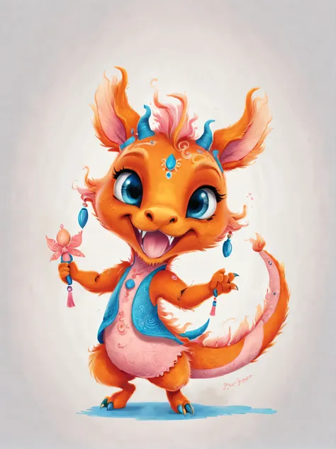 role conception, featuring the adorable zodiac sign dragon，exaggerated gait, orange fur, big blue eyes, squint your eyes and smi...