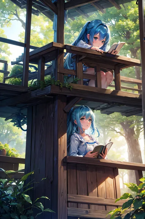 ( anime de cabelos azuis,tree house,lendo um livro,luz suave da noite),(illustration),fundo detalhado,high resolution, HDR, cores vivas, atmosfera suave