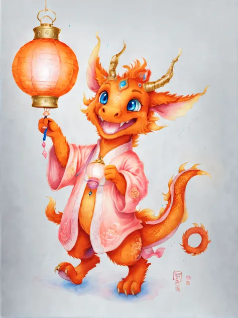 character idea, Featuring the adorable zodiac sign Dragon，exaggerated gait, orange fur, big blue eyes, Narrow your eyes and smile mischievously， (Take the lantern：0.8), wearing scarlet clothes, range mark plot, monochrome, Ballpoint pen outline, 4K, soft p...