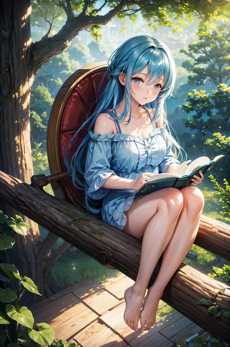 ( anime de cabelos azuis,tree house,lendo um livro,luz suave da noite),(illustration),fundo detalhado,high resolution, HDR, cores vivas, atmosfera suave