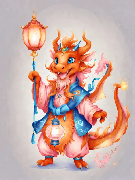 character idea, Featuring the adorable zodiac sign Dragon，exaggerated gait, orange fur, big blue eyes, Narrow your eyes and smile mischievously， (Take the lantern：0.8), wearing scarlet clothes, range mark plot, monochrome, Ballpoint pen outline, 4K, soft p...