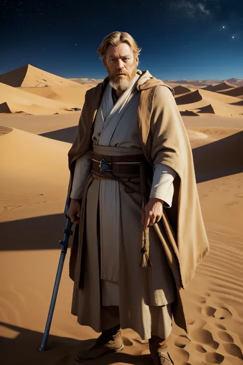 Old Obi-Wan Kenobi on a desert planet 