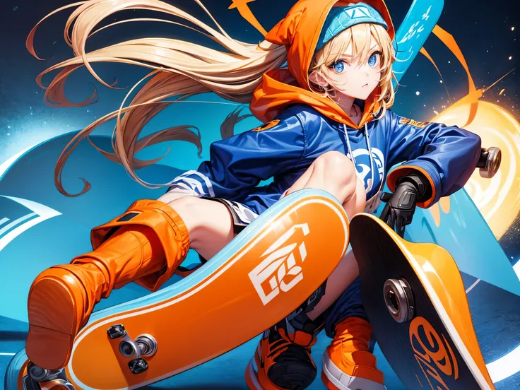 SK8 THE INFINITY screencap of a girl, long blonde hair, blue eyes, cool orange clothes, hood over her head, skateboard, SK8 THE INFINITY episode, SK8 THE INFINITY art style.