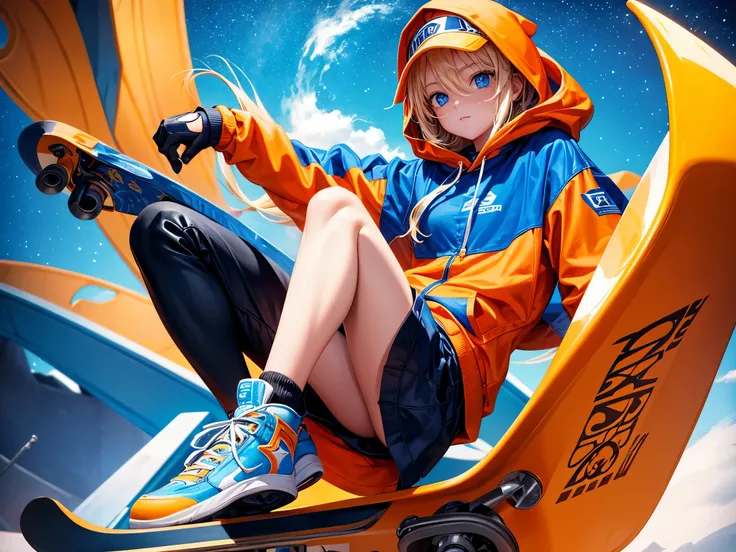 SK8 THE INFINITY screencap of a girl, long blonde hair, blue eyes, cool orange clothes, hood over her head, skateboard, SK8 THE INFINITY episode, SK8 THE INFINITY art style.