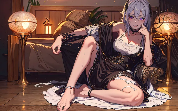 silver hair, hollow eyes, yellow eyes, looking at viewer, sweating, heavy breathing, embarassed, blush face, echidna, hair ornament, ,echidna, breasts, epic art, fantasy, 1girl, anklet, barefoot, solo, jewelry, sitting, indoors, breasts, choker, looking_at...