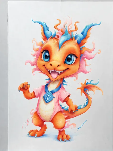 character idea, Featuring the adorable zodiac sign Dragon，exaggerated gait, orange fur, big blue eyes, （Super funny squinting eyes and smiling mischievously）， wearing scarlet clothes, range mark plot, monochrome, Ballpoint pen outline, 4K, soft pink, inter...