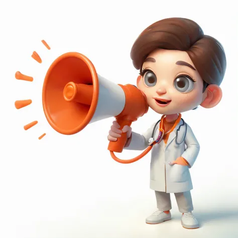 create a Disney PIXAR style image of a doctor in a white coat, with stethoscope crossing behind the shoulder, falando num megafone de cor laranja