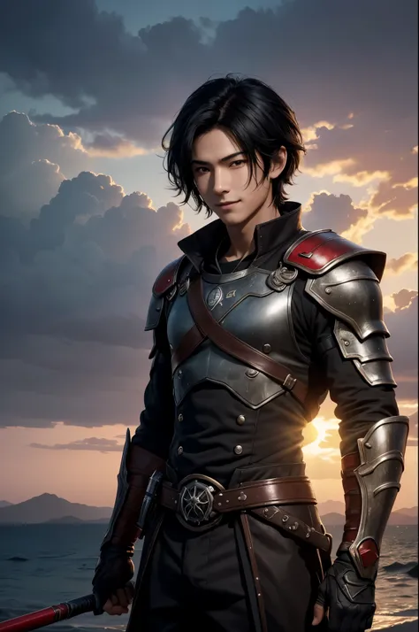 8K、alone、16 year old boy,super handsome boy,beautiful boy with black eyes,Black hair short bob hair,black and red clothes,heading there、demon slayer boy,Remains,magnificent artwork、wind effect:1.9、Cloud Effect:1.2、Full Rendering、unreal engine,An expression...