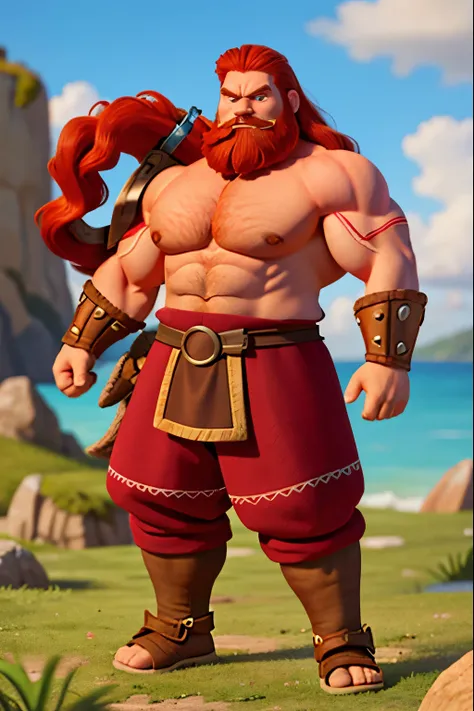 Big musclar strong man wearing viking armor, big red beard, long red hair, bushy red eyebrows, slightly big nose, wearing no shirt, 