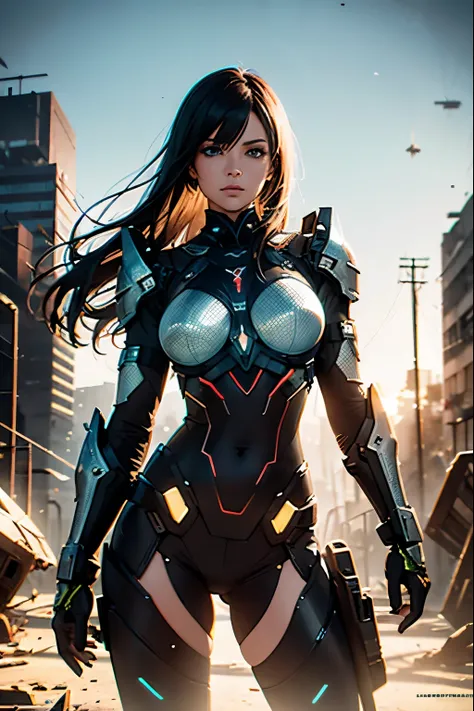 Average photo of sexy female cyborg wearing scratched and stained futuristic armor in a destroyed futuristic city, Fantasia, Science fiction, lindo rosto feminino, sedutor, sexual, Mist, Vivid and seductive eyes, dramatic, obra-prima da melhor qualidade, f...