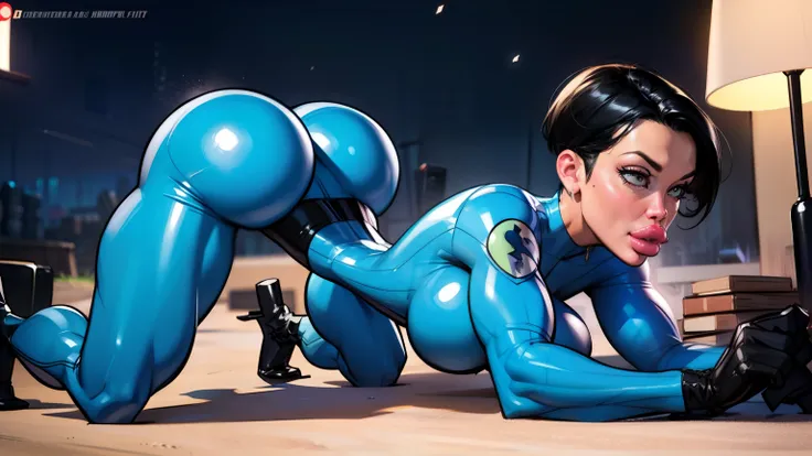 (Laying on all fours), Lean fit agent honeydew girl from the dark knight stands imposing in a gothic lost city. (((Short hair))), Blue bicycle tights, ((tight blue bicycle shorts)), (black boots) (black gloves), black hair, (gigantic breasts), Moonlight hi...