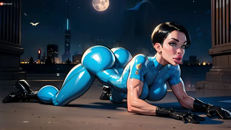 (Laying on all fours), Lean fit agent honeydew girl from the dark knight stands imposing in a gothic lost city. (((Short hair))), Blue bicycle tights, ((tight blue bicycle shorts)), (black boots) (black gloves), black hair, (gigantic breasts), Moonlight hi...