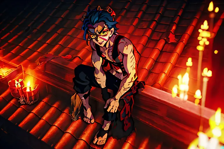 A male demon, tom de pele acinzentada, corte de cabelo curto, cabelo azul escuro, olhos azuis penetrantes, sem camisa, wearing baggy, torn, worn-out black pants, is barefoot, segurando leques de gelo