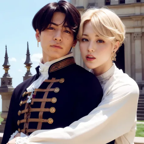 They are posing for a photo in front of a castle, beautiful androgynous prince, ambos vistiendo ropa victoriana, Jiminla nariz griega, delicate androgynous prince, cai xukun, Jimin, imagen filtrada, park Jimin, retrato, fanart oficial, Jiminlos labios carn...