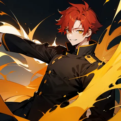 1 boy, red hair, yellow eyes, smiling, black uniform
