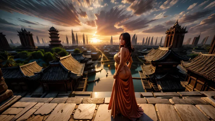 Ancient City at Sunset, young beautiful woman in long dress fashion, full body shot, back view from below, giga_busty