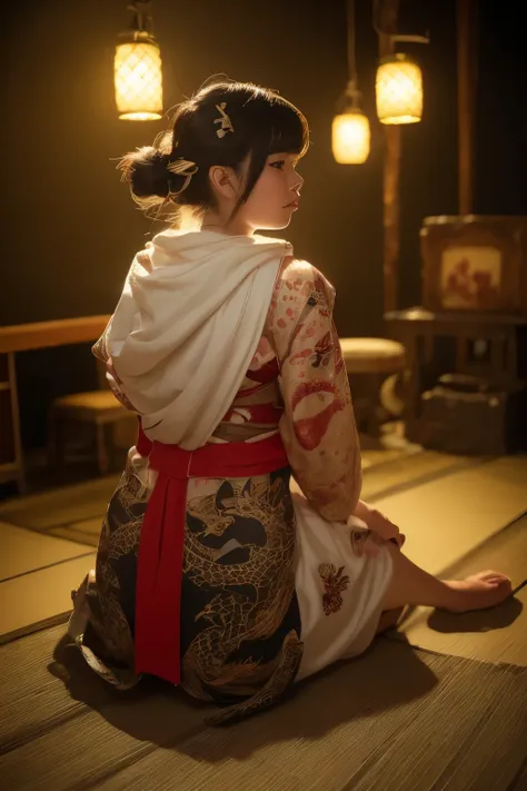 ((Realistic photo: 1.5), young Japanese woman: 1.3, geisha outfit: 1.2, white face: 1.2, prostitute: 1.1, sitting alone: 1.3, studio lighting: 1.3,
 room decoration: 1.2, Japanese style from the 80s: 1.1, reveal back of tattoo: 1.2, very detailed dragons: ...