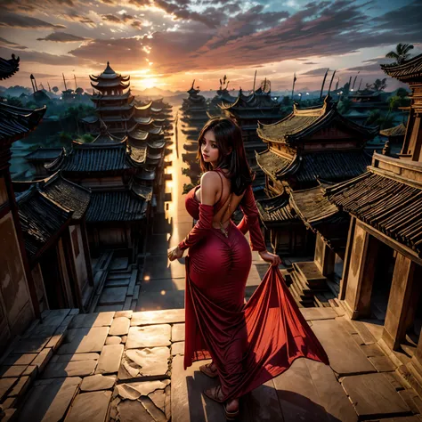 Ancient City at Sunset, young beautiful woman in long dress fashion, full body shot, back view from below, giga_busty