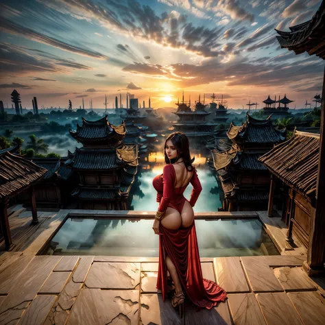 Ancient City at Sunset, young beautiful woman in long dress fashion, full body shot, back view from below, giga_busty