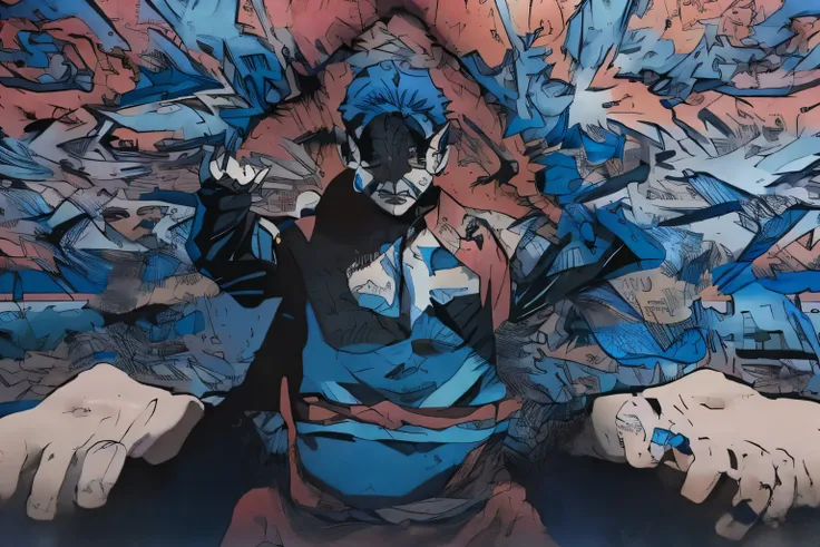 (melhor qualidade, alta qualidade:1.4), obra de arte, super fine illustration, absurdos, ultra-detalhado, fundo ultra detalhado, high resolution, Sozinho, 1 menino, FOCO MASCULINO, cabelo azul, pele cinza, cabelo azul escuro, olhos verdes, cabelo curto, ak...