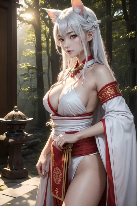 NSFW、Fight with a long and large Japanese sword,Black light、Real Art、Very delicate and beautiful mature Inugami MILF、Super fine、1 milf、dog ears,gray hair、incarnation of dog god、Brave、give a sharp look,Japanese red and white shrine maiden costume,(((monster...