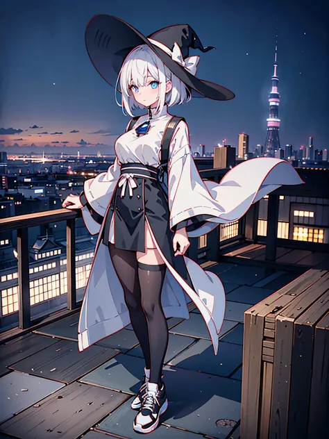 an adult woman lingering on the roof of a building overlooking the night view of tokyo and the sea.、she has white lob hair with ...