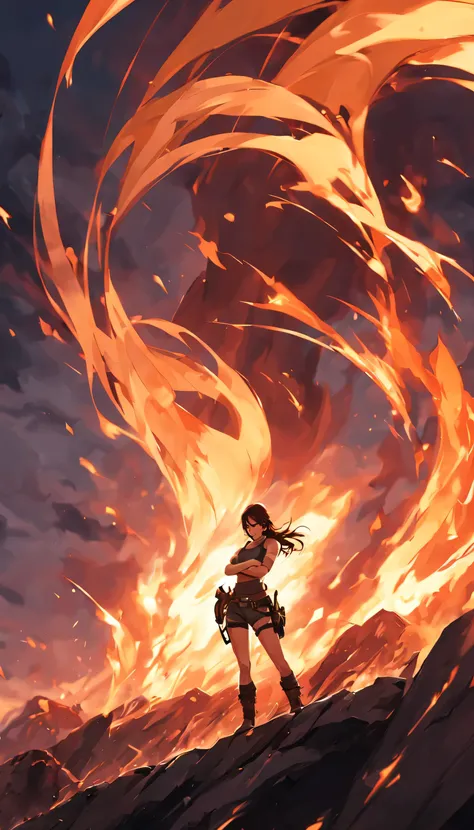 lara croft, standing, serious face expression, crossed arms, strong wind, night, fire in the background