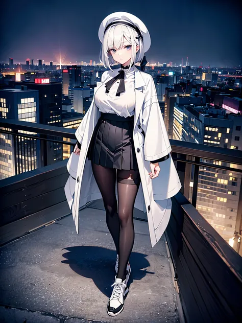 An adult woman lingering on the roof of a building overlooking the night view of Tokyo and the sea.、She has white lob hair with a short bob and wears a large black witch hat with sapphire accessories.、her appearance is stylish、she is wearing a long black c...