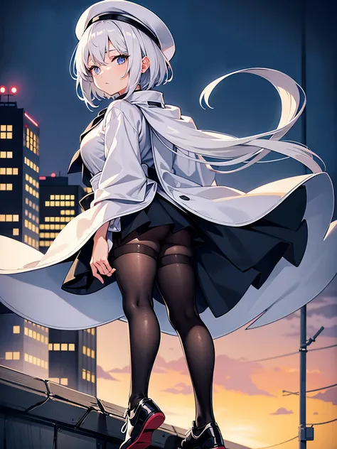 An adult woman lingering on the roof of a building overlooking the night view of Tokyo and the sea.、She has white lob hair with a short bob and wears a large black witch hat with sapphire accessories.、her appearance is stylish、she is wearing a long black c...