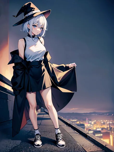 An adult woman lingering on the roof of a building overlooking the night view of Tokyo and the sea.、She has white lob hair with a short bob and wears a large black witch hat with sapphire accessories.、her appearance is stylish、she is wearing a long black c...