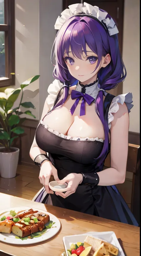 (best quality,4k,8k,highres,masterpiece:1.2),ultra-detailed,(realistic,photorealistic,photo-realistic:1.37),Purple hair girl,braided,purple eyes,big breast,maid outifit,cafe,plates,foods on the tanles.