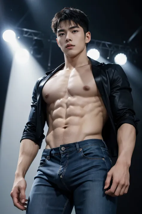 A Young Korean man , 1boy, white skin , detailed skin, 1boy, ((realistic)), abs, good lighting quality, muscle veins, ((pale skin)), footballer, (masterpiece, ultra quality, high resolution, 8k, intricate:1.2), (detailed face:1.2), handsome, , bulge, 1boy,...