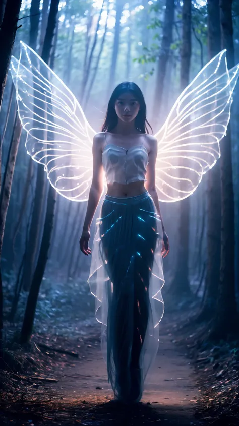 a girl, solo, glowing eyes, pretty face, angel wings, fairy skirt, veil, full body photo, looking at the viewer, cyan blue style...