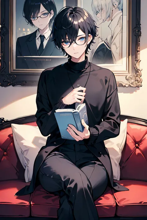 male　black hair　blue eyes　short hair　one person　sweater　slacks　aristocratic mansion　plush furnishings　Glasses　read a book on the sofa　cool　masterpiece　Highest image quality　noise removal　clear parts 　cinematic shadow　Increased attractiveness of the eyes　cl...