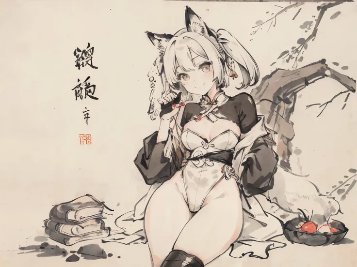 (master piece，best quality：1.2），traditional chinese ink painting，fox ears girl,wearing a leotard