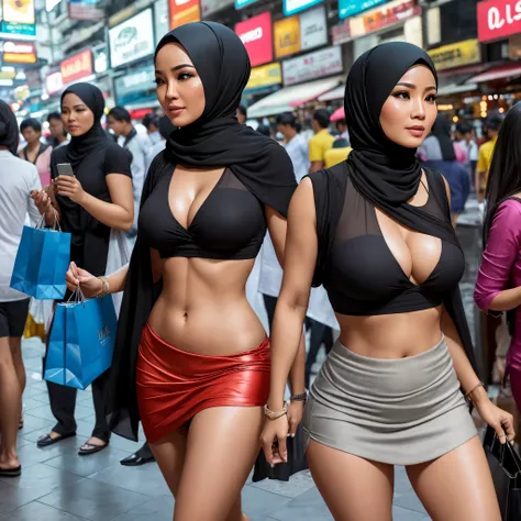 Malaysian woman (age 40), hijab no hair showing, cute face, extremely busty, comically busty, no bra, erect nipples, curvaceous body, hourglass figure, in a miniskirt and crop top, shopping and flirting in Bangkok, man hungry, lusty, no nudity, safe for wo...