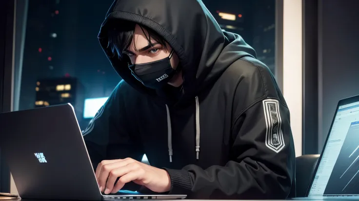 A man siting behind the laptop during the night, Hes wearing balck hoodie and mask, The man is looking into the camera, to his side theres a professional microphone, black setup room with smart devices