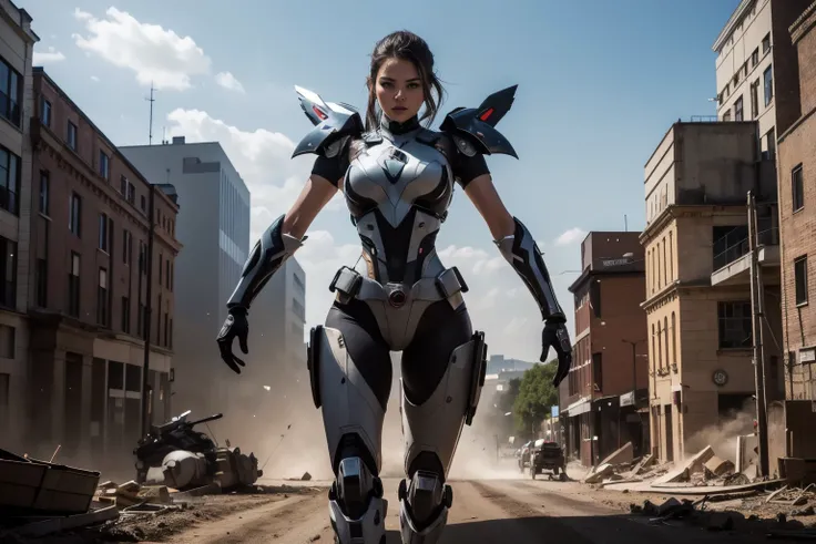 ((concept art)), (war mecha pilot), tough girl with cute perky breasts, battle scars, Danielle Campbell, (high resolution photography), ready for love, climbing into battle mech