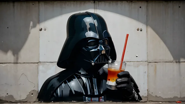 Darth Vader mit einer Tasse Cola; Banksy-Stil, Graffiti