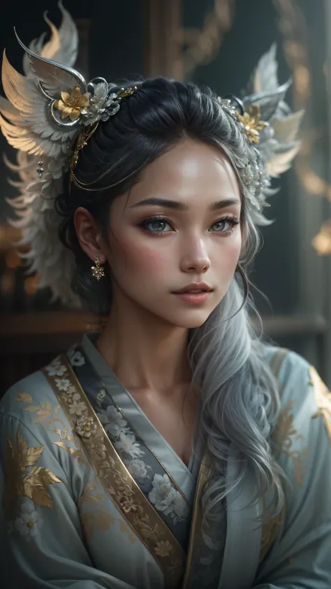 a full body portrait of a oriental woman with a silver tail and little horns, the photograph captured in stunning 8k resolution ...