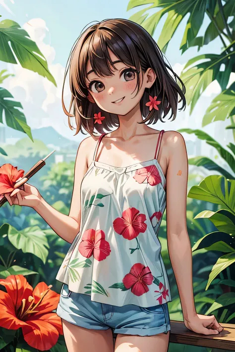 ((Masterpiece)), ((best quality)), (Professional Photography:1.2), okinawa, tropical country, asian, girl, smile, camisole, (highest_detailed:1.3), Jerry Pinkney, Quentin Blake, blooming Hibiscus, botanical pattern