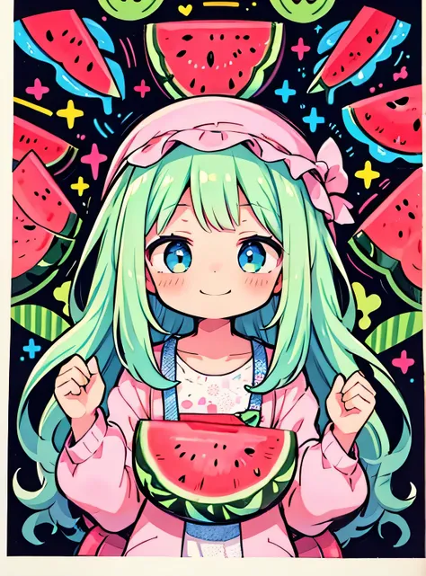 jitome, personificada pela melancia、Bonitinho、sorridente, watermelon pattern、Watermelon Cross Section、Bonitinho、Psychedelic Girls、obra-prima、maximum quality、Qualidade de imagem superior, Cores pastel