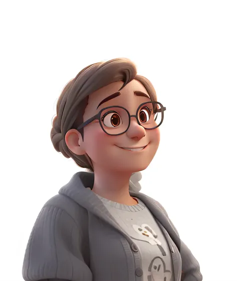 A nice lady with medium hair, tied back, sorridente, ordinary, medium size glasses, com a lente um pouco mais escura, gray sweater and a thin black headband, Abrir.