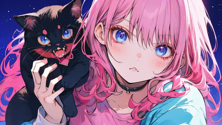 very cute female anime half human cat woman, black and pink hair , blue eyes, beautiful background. pouty, pink cat on shoulder.