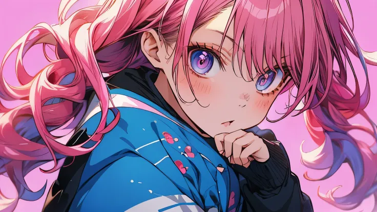 very cute female anime half human cat woman, black and pink hair , blue eyes, beautiful background. pouty, pink cat on shoulder.