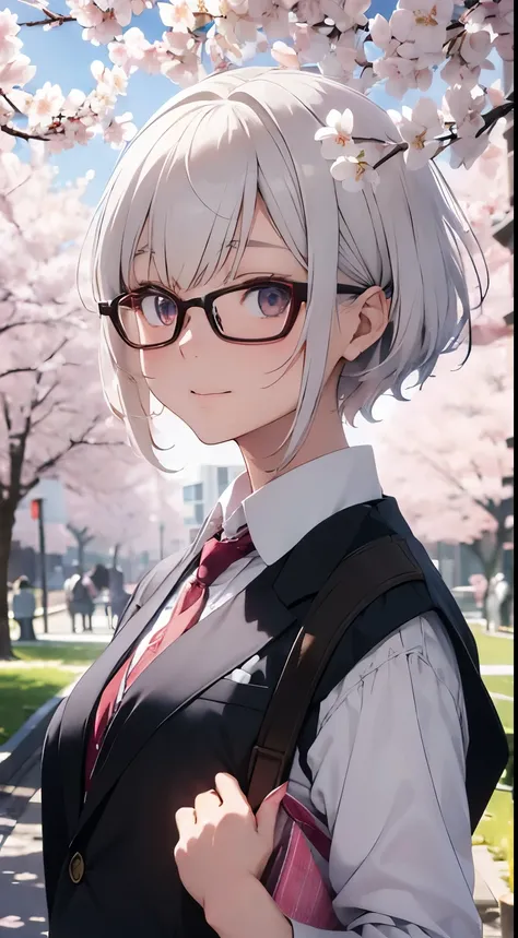 white-haired high school student with gray eyes and wearing glasses 
observing the cherry blossoms in bloom  
wearing a school suit 
with a wolf cut haircut 
with a facial expression that is enjoying the atmosphere 
