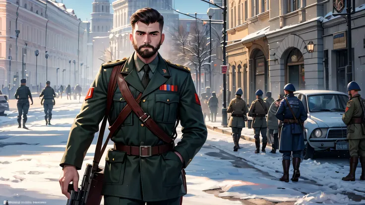 a russian soldier in ww2, male, standing in the streets of moscow, young looking with a stubble beard. realistic