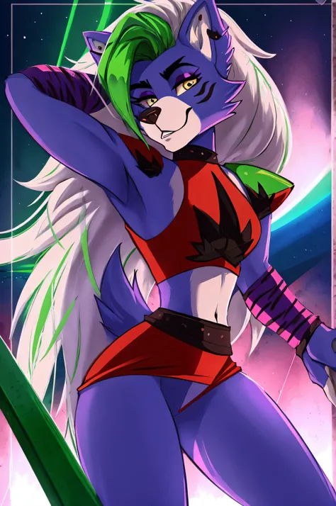 melhor qualidade, fnafroxanne, furry female, pelo do corpo, maquiagem, orelhas de lobo, cauda de lobo, cabelo cinza, cabelo verde, olhos amarelos, crop top